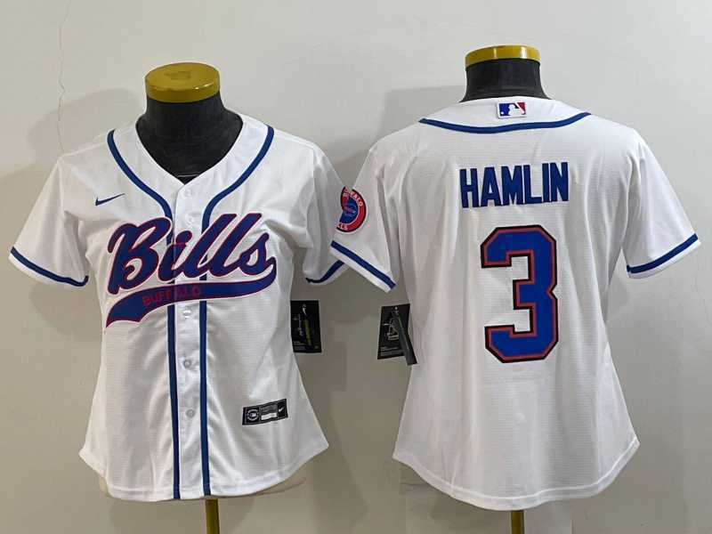 Women%27s Buffalo Bills #3 Damar Hamlin White With Patch Cool Base Stitched Baseball Jersey